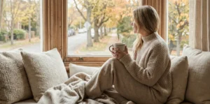 A woman sits curled on a cushioned window seat, holding a mug with both hands and gazing out at a tree-lined street with autumn leaves. She is wearing a cozy, chunky oat beige knit sweater and matching pants, surrounded by textured pillows and a soft blanket.
