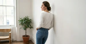 Candid shot of the woman from behind, looking out a large window in a minimalist apartment, wearing a white long-sleeve tee and jeans.