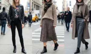 A three-panel street style collage showing black leather ankle boots: worn with black skinny jeans and a leather jacket, paired with a patterned midi skirt and oversized sweater, and styled with tailored trousers and a long wool coat.
