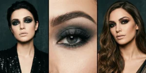 A triptych detailing moody smokey eye makeup, showing intense black, dark grey, and sultry deep brown eyeshadow looks paired with nude lips.