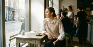 A woman sits on a textured rug, looking down at a book she is holding. She is wearing a dusty rose pink ribbed loungewear set.