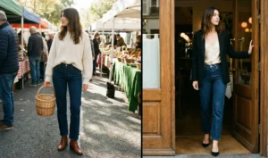 A split-frame photograph showing dark-wash straight-leg jeans styled two ways: casually with an oversized knit sweater at a weekend market on the left, and dressed up with a blazer, silk camisole, and heels entering a restaurant on the right.