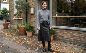 Outdoor photo of the woman smiling and standing on a leaf-strewn pavement outside a cafe, wearing a grey turtleneck, black leather midi skirt, and boots.