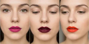 A three-panel collage of women with bare eyelids or minimal mascara, paired with striking matte fuchsia, dark burgundy, and bright orange-red lipsticks.