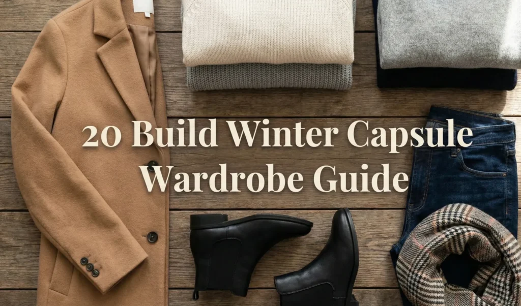 A flat-lay photograph displaying a collection of winter capsule wardrobe essentials arranged on a rustic wooden surface. Items include a camel wool coat, folded knit sweaters in cream and grey, dark wash jeans, black leather ankle boots, and a plaid scarf. Large, cream-colored text in the center reads "20 Build Winter Capsule Wardrobe Guide