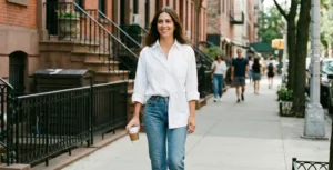 A smiling woman walking down a sunny city sidewalk, wearing a white button-down shirt and jeans, holding a coffee cup.