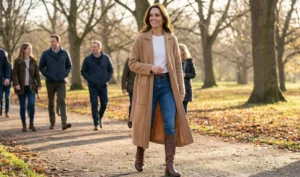 Photo of the woman walking through a park on a sunny autumn day, wearing a long camel coat over a white tee and jeans, with other people in the background.
