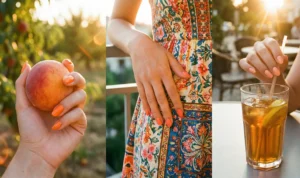 A three-panel photo of hands with orange nails in sunlight: left, bright orange nails holding a peach; center, coral nails on a colorful patterned dress; right, light peach nails stirring an iced tea.