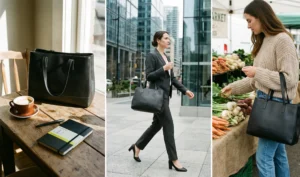 A three-panel collage focusing on a structured black leather tote bag: sitting on a cafe table next to a notebook and coffee, being carried by a businesswoman in a suit, and being held by a woman shopping for vegetables at a farmer's market.