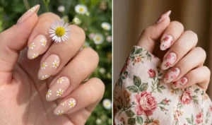 A side-by-side collage of two floral almond nail designs. The left image shows nude nails with tiny hand-painted daisies holding a wildflower. The right image shows pink nails with rose decals resting on a floral dress.