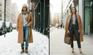 A split-screen street style photo of a wool camel coat: bundled up over a hoodie, jeans, and snow boots on a snowy city street on the left, and draped elegantly over a business suit outside a modern office building on the right.