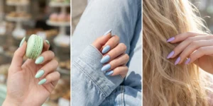 A horizontal collage of three images featuring pastel almond nails. The left shows mint green nails holding a macaroon, the middle shows baby blue nails on denim fabric, and the right shows lavender nails touching blonde hair.