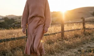 A warm, cozy lifestyle photograph at sunset showing a woman wearing a chunky knitted sweater tucked into a satin midi skirt in matching warm mocha tones, standing in a golden grassy field near a fence.