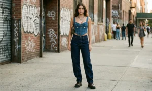 A young woman posing on an urban street sidewalk with graffiti-covered brick walls, wearing a dark wash denim structured corset top and matching curved-leg jeans.