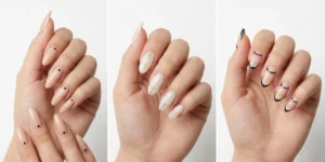 A collage of three minimalist almond nail designs on a white background. The left shows nude nails with a single black dot, the center has milky white nails with a thin gold line, and the right features negative space designs.