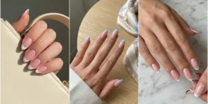 A three-panel collage of almond nails with French tips. The left image shows classic white tips on a pink base, the center shows pastel blue tips, and the right shows micro-thin white tips.