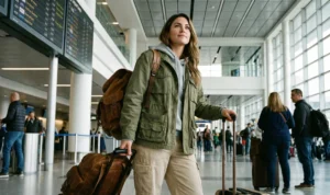 A female traveler standing in a busy airport terminal holding rolling luggage and a leather backpack, wearing a layered green utility jacket and cargo pants.