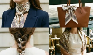 A four-panel detailed collage showing a patterned silk scarf: tied neatly around the neck with a blazer, tied casually onto the handle of a leather tote bag, woven into a hair braid, and draped loosely over the shoulders of a simple dress.