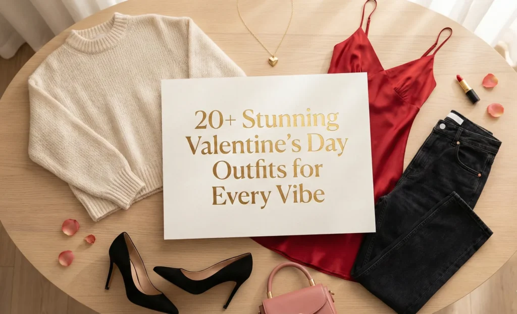 A flat lay photograph from above showing a white card with gold text that reads "20+ Stunning Valentine’s Day Outfits for Every Vibe". Arranged around the card on a light wooden table are various clothing items and accessories, including a cream knit sweater, a red silk slip dress, a pair of dark grey jeans, black high heels, a small pink handbag, a gold necklace with a heart pendant, a tube of red lipstick, and scattered red rose petals. The composition suggests different fashion styles for Valentine's Day celebrations.
