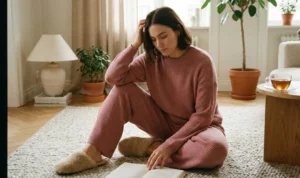 A woman sits on a textured rug, looking down at a book she is holding. She is wearing a dusty rose pink ribbed loungewear set.