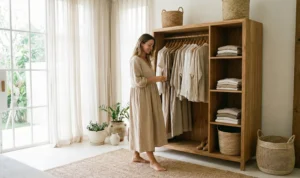 A woman wearing a loose beige linen dress standing barefoot on a jute rug in a bright, airy room, looking into an open wooden wardrobe organized with neutral clothing and woven baskets.