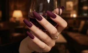 A luxurious close-up of a hand holding a glass of red wine in a dimly lit lounge. The nails are long, coffin-shaped, and painted in a rich "Deep Berry" shade with a unique velvet matte texture. A gold ring adorns the ring finger.