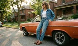 A woman with curly hair in a denim jacket and jeans leans against a vintage orange convertible car on a sunlit suburban street.