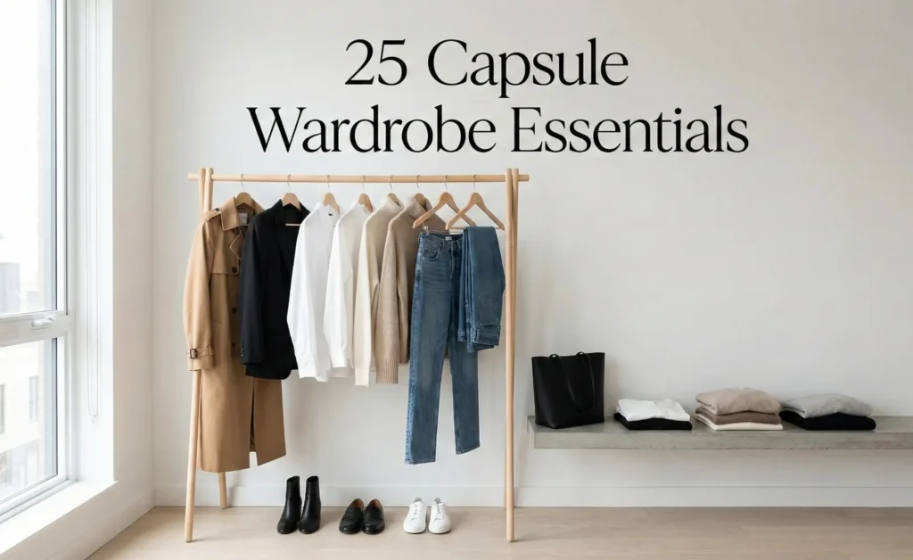 A minimalist capsule wardrobe displayed on a wooden clothing rack and concrete shelf in a sunlit room. Items include a beige trench coat, black blazer, white shirts, neutral sweaters, blue jeans, a black tote bag, ankle boots, loafers, and white sneakers. The text "25 Capsule Wardrobe Essentials" is on the wall above.