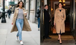 A split-screen street style photograph showing a classic camel trench coat: worn open casually with a striped tee, jeans, and sneakers on the left, and belted tightly over a dress with heels arriving at an evening event on the right.
