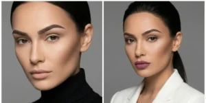 A diptych showcasing flawless, airbrushed matte foundation, sharp contouring, structured brows, and velvety matte lips.