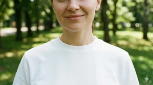 A close-up portrait of a woman smiling slightly, wearing a high-quality, thick white cotton crewneck t-shirt against a blurred natural green park background.