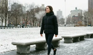A woman wearing a black puffer jacket and leggings walks through a snowy urban park on a cold, overcast day, her breath visible in the air.