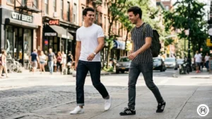 1. Everyday Classic

A high-quality, candid street style photograph of two men walking on a sunny urban sidewalk. The man on the left is South Asian, wearing a perfectly fitted white crewneck tee, dark raw indigo jeans, and clean white minimalist sneakers. The man on the right is Caucasian, wearing a black-and-white striped tee, charcoal grey jeans, and black low-top sneakers. Sharp focus on fabric textures, blurred trees in the background.

