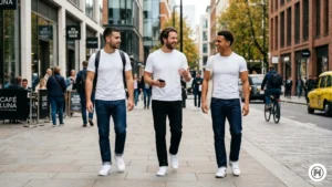 1: Man wearing a classic white t-shirt, dark slim-fit jeans, and clean white sneakers for a timeless casual look.