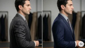 Rule 1 (Fit): A side-by-side comparison showing a poorly fitted suit jacket with sagging shoulders versus a perfectly tailored jacket with clean lines.