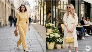 1- Butter Yellow: Two stylish women wearing monochromatic butter yellow trousers and knit tops, spring 2026 color trend.