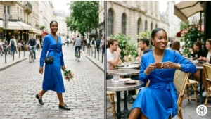 1. Cobalt Blue Wrap Dress Alt Text: Diptych showing a Black woman in a stunning cobalt blue wrap dress styled with gold accessories in a bright city environment. 