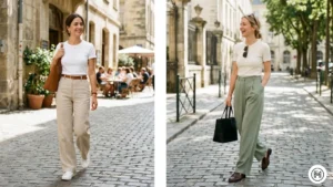 1 : Split screen showing two women styling a fitted white t-shirt tucked into high-waisted wide-leg trousers in sand and sage green.