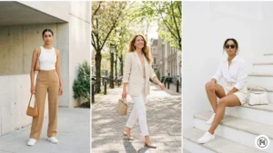 IMG 01 Three women in clean girl spring outfits — camel trousers, linen blazer, and white shirt combinations