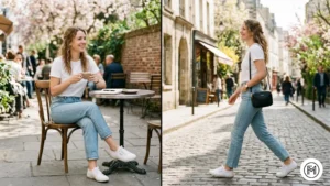 Outfit 1: A casual weekend look with light-wash jeans, a white t-shirt, and white sneakers.