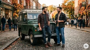 10: Rugged everyday wear with a green checked flannel shirt, blue jeans, and brown leather boot