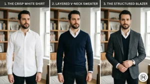 Rule 10 (Layering): An image series showing the layering of a white shirt, a V-neck sweater, and a tailored blazer for a sophisticated look.