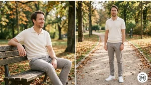 Image 11 (Cream + Stone): Minimalist and relaxed fall look with a cream polo and stone-colored chinos paired with white sneakers. 