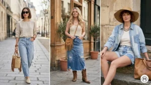 \10- Boho Denim: Casual spring 2026 denim trend showing barrel-leg jeans, denim maxi skirts, and western boots.