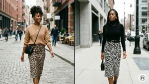 10. Animal Print Midi Skirt + Solid Top Alt Text: Stylish animal print midi skirts paired with solid neutral tops, showcasing a classic and confident spring look for Black women. 