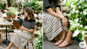 Outfit 10: An elevated weekend outfit featuring a linen skirt, Breton top, and strappy sandals.