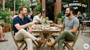 11. Effortless Smart

Candid brunch scene at an outdoor cafe. Two men wearing textured Henley shirts in navy and grey, paired with olive and beige chinos and suede loafers. Blurred cafe background, morning light.

