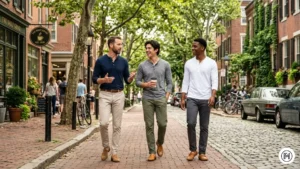 Alt Text: Effortless smart casual style for men wearing a navy Henley shirt, charcoal chinos, and tan loafers.