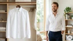 Rule 11 (White Shirt): A crisp, ironed white button-down shirt on a wooden hanger and a man wearing the shirt with sleeves rolled up.