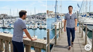 Image 12 (Striped + Navy): Preppy striped navy and white polo paired with solid navy chinos and boat shoes in a nautical boardwalk setting. 